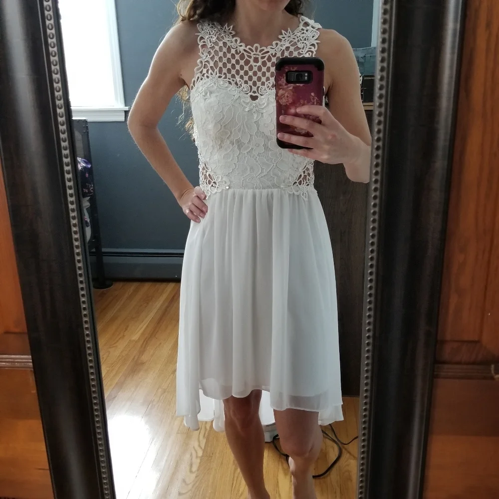 City Triangles White Lace Illusion High Low Dress - Picture 3 of 10